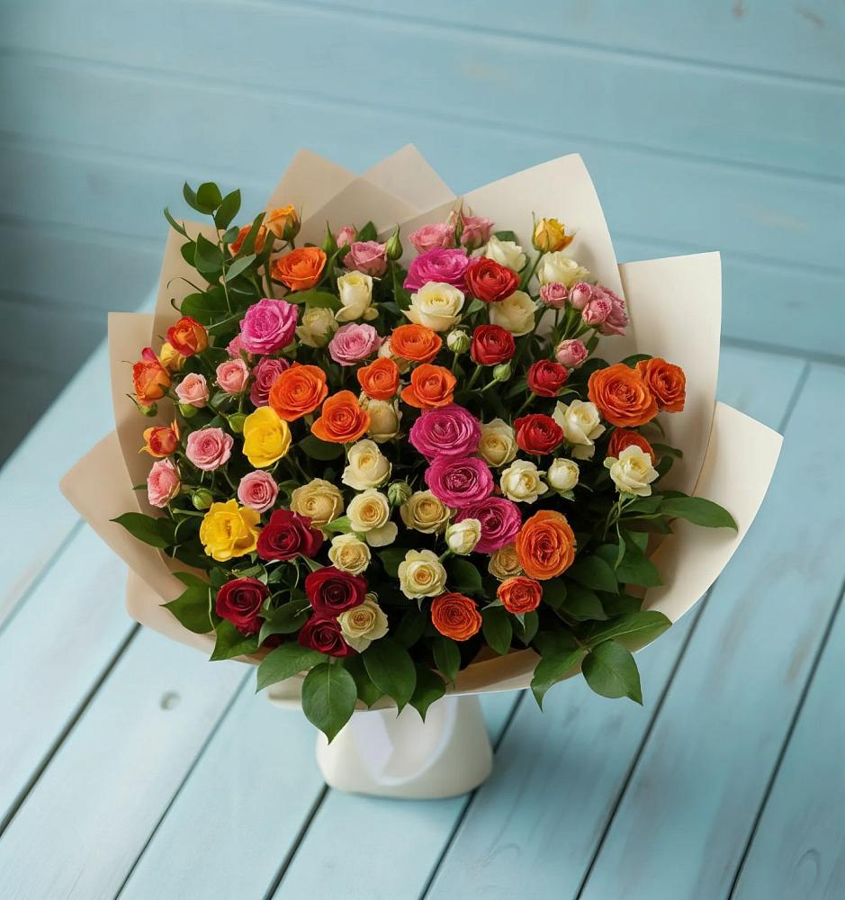 Букет Микс из разноцветных кустовых роз в Молодежном