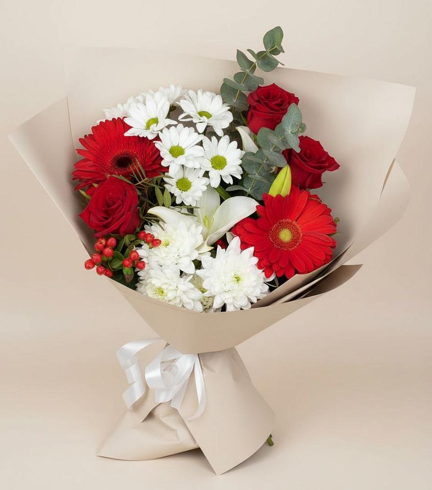 Букет цветов из: Розы, Хризантемы, Герберы и Лилии в Молодежном