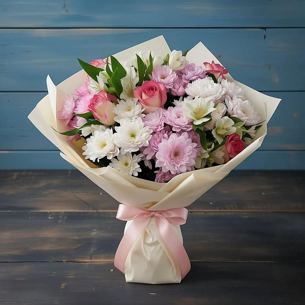 Букет цветов из: Хризантемы, Альстромерии и Розы в Молодежном